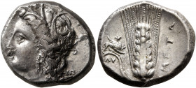 LUCANIA. Metapontion. Circa 330-290 BC. Didrachm or Nomos (Silver, 20 mm, 8.00 g, 12 h). Head of Demeter to left, wearing wreath of grain ears, triple...
