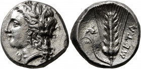 LUCANIA. Metapontion. Circa 330-290 BC. Didrachm or Nomos (Silver, 20 mm, 7.86 g, 12 h). Head of Demeter to left, wearing wreath of grain ears, triple...