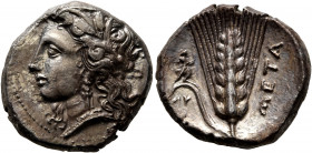 LUCANIA. Metapontion. Circa 330-290 BC. Didrachm or Nomos (Silver, 20 mm, 7.86 g, 7 h). Head of Demeter to left, wearing wreath of grain ears, triple ...