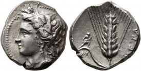 LUCANIA. Metapontion. Circa 330-290 BC. Didrachm or Nomos (Silver, 21 mm, 7.92 g, 9 h). Head of Demeter to left, wearing wreath of grain ears, triple ...