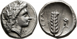 LUCANIA. Metapontion. Circa 330-290 BC. Didrachm or Nomos (Silver, 20.5 mm, 7.88 g, 1 h). Head of Demeter to right, wearing wreath of grain ears, trip...