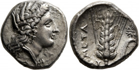 LUCANIA. Metapontion. Circa 330-290 BC. Didrachm or Nomos (Silver, 20 mm, 7.85 g, 3 h). Head of Demeter to right, wearing wreath of grain ears, triple...