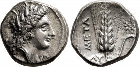 LUCANIA. Metapontion. Circa 330-290 BC. Didrachm or Nomos (Silver, 21.5 mm, 7.95 g, 6 h). Head of Demeter to right, wearing wreath of grain ears, trip...