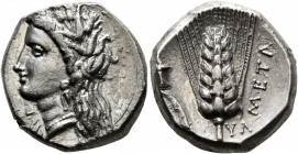 LUCANIA. Metapontion. Circa 330-290 BC. Didrachm or Nomos (Silver, 19.5 mm, 7.91 g, 2 h). Head of Demeter to left, wearing wreath of grain ears, tripl...