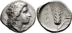 LUCANIA. Metapontion. Circa 325-275 BC. Didrachm or Nomos (Silver, 23 mm, 7.84 g, 6 h). Head of Demeter to right, wearing wreath of grain ears, triple...