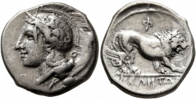LUCANIA. Velia. Circa 340-334 BC. Didrachm or Nomos (Silver, 21.5 mm, 7.55 g, 3 h). Head of Athena to left, wearing crested Attic helmet adorned with ...