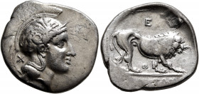 LUCANIA. Velia. Circa 340-334 BC. Didrachm or Nomos (Silver, 23.5 mm, 7.46 g, 6 h). Head of Athena to right, wearing crested Attic helmet adorned with...