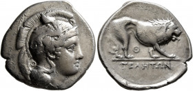 LUCANIA. Velia. Circa 340-334 BC. Didrachm or Nomos (Silver, 23.5 mm, 7.45 g, 12 h). Head of Athena to right, wearing crested Attic helmet adorned wit...