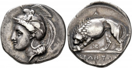 LUCANIA. Velia. Circa 334-300 BC. Didrachm or Nomos (Silver, 21 mm, 7.37 g, 8 h). Head of Athena to left, wearing Phrygian helmet decorated with a cen...