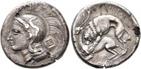 LUCANIA. Velia. Circa 280 BC. Didrachm or Nomos (Subaeratus, 21 mm, 6.00 g, 12 h), a contemporary plated imitation. Head of Athena to left, wearing cr...