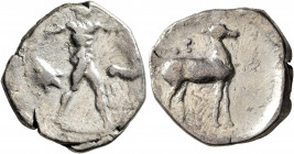 BRUTTIUM. Kaulonia. Circa 420-410 BC. Stater (Silver, 22 mm, 7.56 g, 1 h). Apollo, nude, advancing to right, holding laurel branch in his upraised rig...