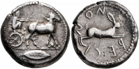 BRUTTIUM. Rhegion. Anaxilas, tyrant, circa 494/3-462/1 BC. Tetradrachm (Silver, 26 mm, 17.20 g, 2 h), circa 475-474. Charioteer, holding kentron in hi...
