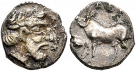 SICILY. Abakainon. Circa 420-400 BC. Litra (Silver, 10 mm, 0.70 g, 1 h). Laureate head of Zeus to right. Rev. ABAK Boar standing left; to left, acorn....