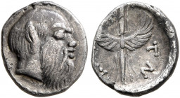 SICILY. Aitna. Circa 460s-450s BC. Litra (Silver, 10 mm, 0.65 g, 6 h). Head of Silenos to right, wearing wreath of ivy and an animal ear. Rev. AI-TN W...