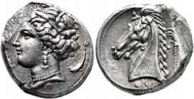 SICILY. Entella. Punic issues (?), circa 320/15-300 BC. Tetradrachm (Silver, 25 mm, 16.76 g, 11 h). Head of Tanit-Persephone to left, wearing wreath o...