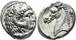 SICILY. Entella (?). Punic issues, circa 300-289 BC. Tetradrachm (Silver, 25 mm, 17.00 g, 11 h). Head of Herakles to right, wearing lion skin headdres...