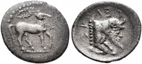 SICILY. Gela. Circa 465-450 BC. Litra (Silver, 13 mm, 0.80 g, 5 h). Bridled horse standing right, reins trailing from mouth; above, wreath. Rev. CEΛ-A...