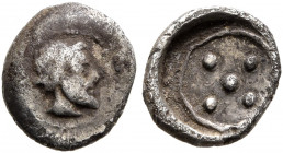 SICILY. Himera. Circa 475-450 BC. Pentonkion (Silver, 8 mm, 0.28 g). Bearded male head to right. Rev. Five pellets (mark of value) within shallow roun...
