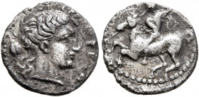 SICILY. Morgantina. Circa 339/8-317 BC. Litra (Silver, 10 mm, 0.73 g, 6 h). MOPΓANTINΩN Laureate head of Apollo to right. Rev. Warrior on horseback to...