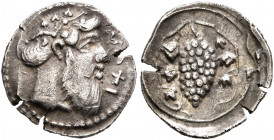 SICILY. Naxos. Circa 461-430 BC. Litra (Silver, 12 mm, 0.74 g, 1 h). NAXI Head of bearded Dionysos to right, wearing ivy wreath. Rev. Bunch of grapes ...