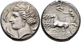 SICILY. Syracuse. Agathokles, 317-289 BC. Tetradrachm (Silver, 25 mm, 17.18 g, 12 h). Head of Arethusa to left, wearing wreath of grain leaves, triple...