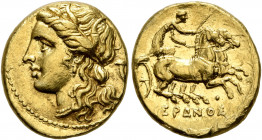 SICILY. Syracuse. Hieron II, 275-215 BC. 60 Litrai or Dekadrachm (Electrum, 15 mm, 4.30 g, 6 h), 269-263 or 218/7-215. Head of Persephone to left, wea...