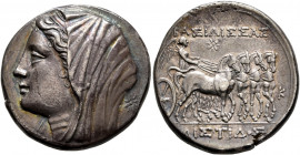 SICILY. Syracuse. Philistis, wife of Hieron II, 275-215 BC. 16 Litrai or Tetradrachm (Silver, 27 mm, 13.45 g, 11 h), circa 240-218/5. Diademed and vei...