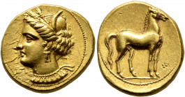 CARTHAGE. Circa 350-320 BC. Stater (Gold, 19 mm, 9.52 g, 11 h). Head of Tanit to left, wearing wreath of grain ears, triple-pendant earring and elabor...