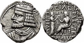 KINGS OF PARTHIA. Vologases I, circa AD 51-78. Tetradrachm (Billon, 27 mm, 14.60 g, 12 h), Seleukeia on the Tigris, SE 364 = AD 52/3. Diademed and dra...