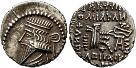 KINGS OF PARTHIA. Mithradates V, circa AD 140. Drachm (Silver, 19 mm, 3.75 g, 12 h), Ekbatana. Diademed and draped bust of Mithradates I to left. Rev....
