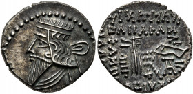 KINGS OF PARTHIA. Mithradates V, circa AD 140. Drachm (Silver, 19 mm, 3.88 g, 12 h), Ekbatana. Diademed and draped bust of Mithradates I to left. Rev....