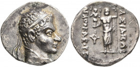 BAKTRIA, Greco-Baktrian Kingdom. Agathokles, circa 185-180 BC. Drachm (Silver, 18 mm, 3.40 g, 12 h), Baktra. Diademed and draped bust of Agathokles to...