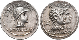 BAKTRIA, Greco-Baktrian Kingdom. Eukratides I, circa 170-145 BC. Tetradrachm (Silver, 31 mm, 16.13 g, 12 h), dynastic pedigree issue. Baktra, circa 16...