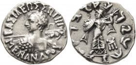 BAKTRIA, Indo-Greek Kingdom. Menander I, circa 165/55-130 BC. Drachm (Silver, 17 mm, 2.42 g, 11 h), Indian standard, uncertain mint in Paropamisadai o...