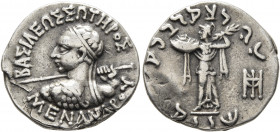 BAKTRIA, Indo-Greek Kingdom. Menander I, circa 165/55-130 BC. Drachm (Silver, 18 mm, 2.40 g, 1 h), Indian standard, uncertain mint in Paropamisadai or...