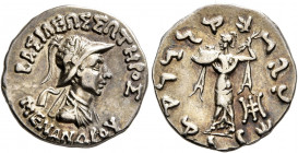 BAKTRIA, Indo-Greek Kingdom. Menander I, circa 165/55-130 BC. Drachm (Silver, 17 mm, 2.43 g, 9 h), Indian standard, uncertain mint in Paropamisadai or...