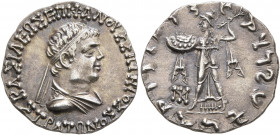 BAKTRIA, Indo-Greek Kingdom. Strato I, circa 105-85/0 BC. Drachm (Silver, 18 mm, 2.31 g, 11 h), Indian standard, uncertain mint in Gandhara. BAΣIΛEΩΣ ...