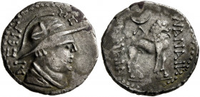 YUEH-CHI. Arsiles, late 1st century BC. Hemidrachm (Silver, 10 mm, 2.05 g, 11 h). APCЄIΛHC Draped bust to right, wearing crested Macedonian helmet ado...