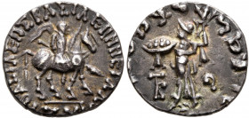 INDO-SKYTHIANS. Azes, circa 58-12 BC. Drachm (Silver, 16 mm, 2.29 g, 12 h), Indian standard, uncertain mint in western Gandhara. ΒΑΣΙΛΕΩΣ ΒΑΣΙΛΕΩΝ ΜΕΓ...