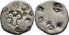 INDIA, Pre-Mauyran (Ganges Valley). Magadha Janapada. 6th-5th century BC. 25 Mashas (Silver, 23.5 mm, 5.95 g). Four official punches: central 6-armed ...