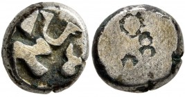 INDIA, Pre-Mauyran (Ganges Valley). Surasena Janapada. 500-350 BC. 1/2 Karshapana (Silver, 10 mm, 1.67 g). Lion standing right; to right triangle and ...