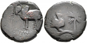INDIA, Post-Mauryan (Ayodhya). Satyamitra, circa 3rd century AD. AE (Bronze, 21 mm, 8.08 g, 3 h). SATYAMI[TASA] Bull standing to left; on the left, sa...