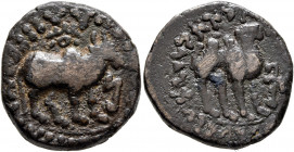 INDIA, Kushan Empire. Kujula Kadphises, circa 30/50-80. Tetradrachm (Bronze, 22.5 mm, 9.61 g, 8 h), based on issues of the Indo-Scythian satrap Jihoni...