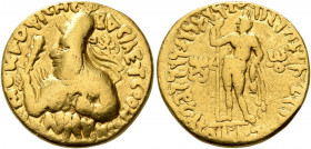 INDIA, Kushan Empire. Vima Kadphises, circa 100-127/8. Dinar (Gold, 19 mm, 7.63 g, 12 h), uncertain mint in Baktria. ΒΑCIΛЄΥC OOHMO KAΔΦΙCHC ('King Vi...