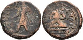 INDIA, Kushan Empire. Kanishka I, circa 127/8-152. Tetradrachm (Bronze, 25 mm, 16.26 g, 12 h), main mint in Kapisha (Begram?). ÞAO ΚANηρKI ('King Kani...