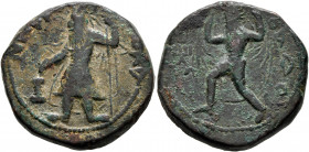 INDIA, Kushan Empire. Kanishka I, circa 127/8-152. Tetradrachm (Bronze, 26 mm, 17.39 g, 1 h), main mint in Kapisha (Begram?). ÞAO ΚANηρKI ('King Kanis...