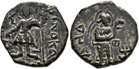INDIA, Kushan Empire. Kanishka I, circa 127/8-152. Drachm (Bronze, 16 mm, 4.23 g, 11 h), main mint in Kapisha (Begram?). [ÞAO] ΚANηρKI ('King Kanishka...