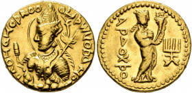 INDIA, Kushan Empire. Huvishka, circa 151-190. Dinar (Gold, 20 mm, 7.83 g, 12 h), main mint in Baktria. ÞAONANOÞAO OOηÞKI KOÞANO ('King of Kings, Huvi...