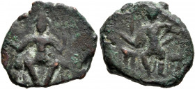 INDIA, Kushan Empire. Vasudeva II, circa 290-310. Didrachm (Bronze, 18 mm, 3.76 g, 12 h), probably Mathura. Vasudeva II seated facing on throne, holdi...