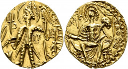 INDIA, Kushan Empire. Mahi, usurper, 4th century. Dinar (Gold, 22 mm, 7.84 g, 12 h), uncertain mint. Mahi standing front, nimbate and head to left, ar...